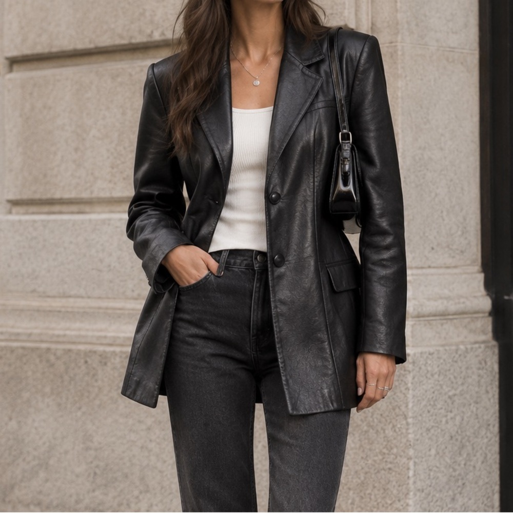 Vintage 90s Style Leather Home Black Leather Blazer (L)